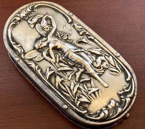FAIRY & MOON ~ ANTIQUE Silver Plate MATCH SAFE BOX Victorian Nouveau VINTAGE