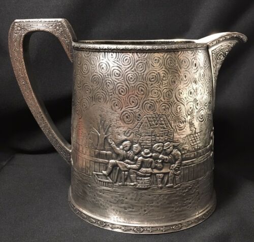 Antique Repousse Silver Plate Water Pitcher Figural Village Scene Signed K&S