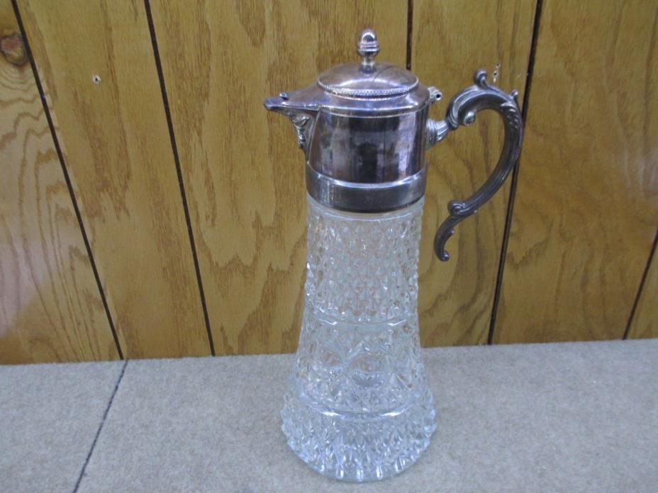 Vintage GLASS & SILVERPLATE Wine Whiskey Carafe Decanter Pitcher Ornate 14