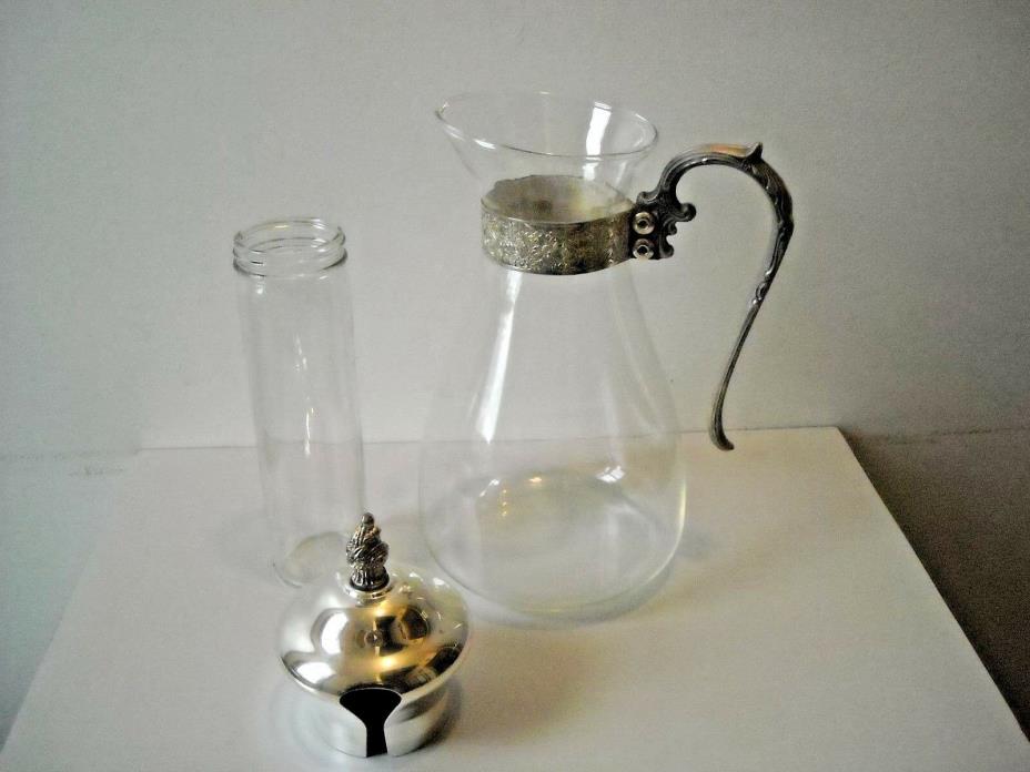 Antique Carafe with Ice Chiller Insert Silverplate Lid and Band