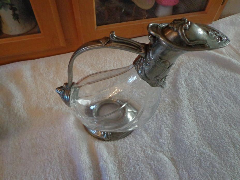 ART DECO VTG ALIENI SILVER PLATED DUCK w/ RIBBED GLASS DECANTER/PITCHER 95%
