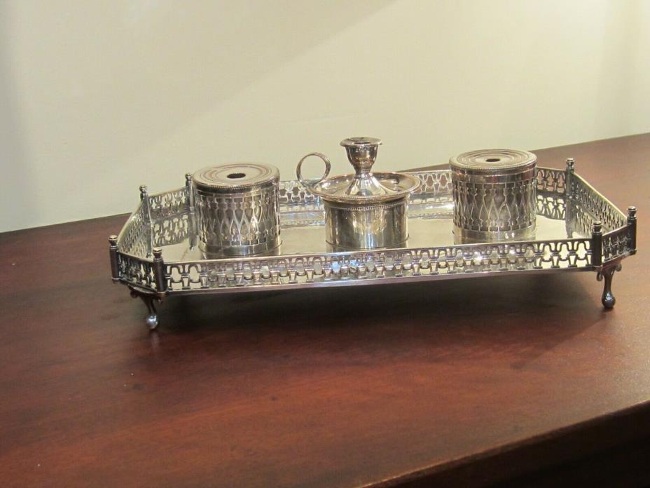 English Sheffield Plate Footed Standish Desk Set  Circa 1840