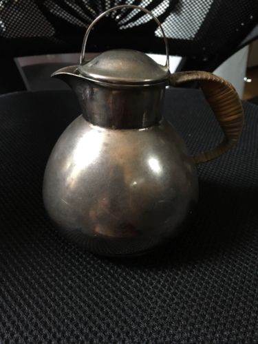 Vintage LBS CO Silver Plated TEA POT Pitcher 1866 Lawrence B Smith Wicker Handle