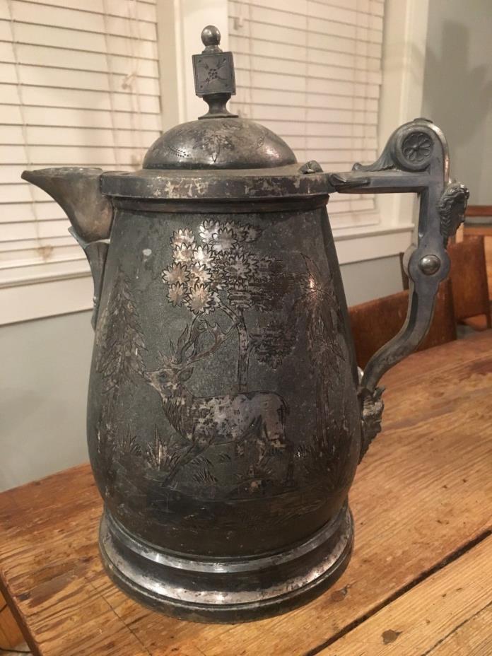 Antique Stimpson Water Pitcher Victorian 1800s Deer Gargoyle Handle Silver Plate