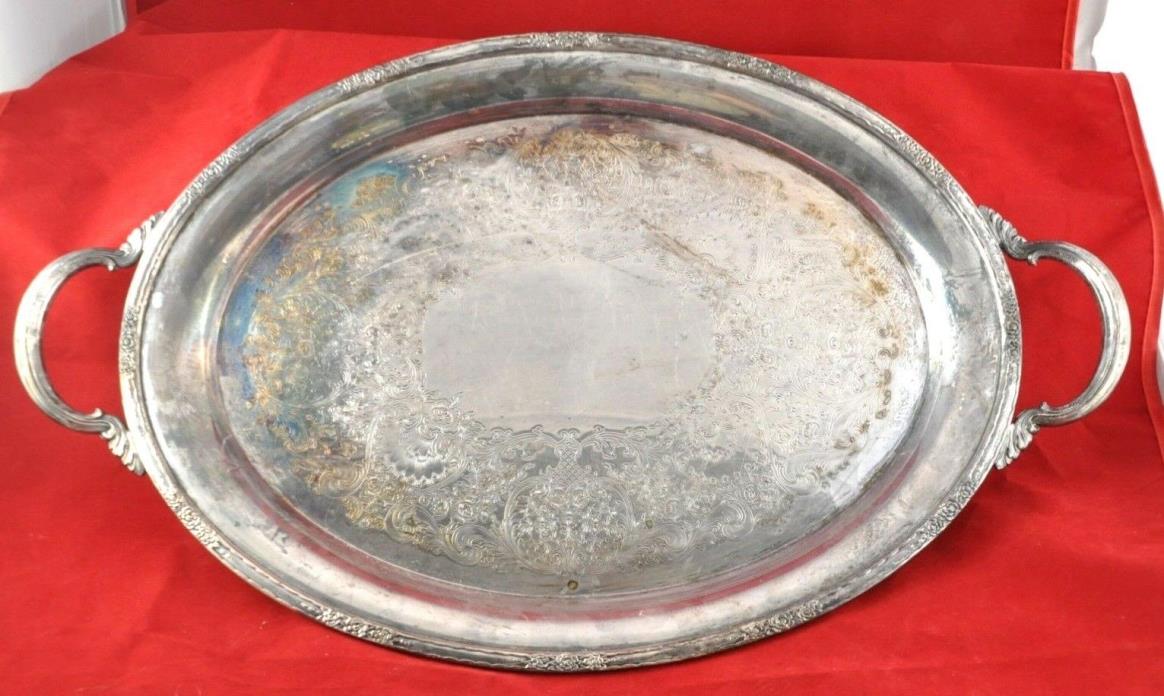 Vintage Silver Plate Butler Large Oval Handled Serving Tray 20