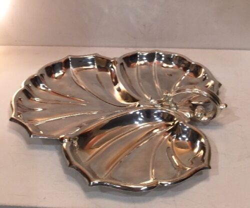 Silver Plated Serving Plate With Three Compartments Platter With Handle Leaf