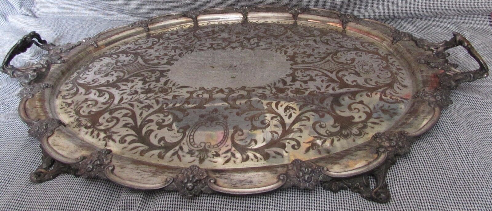 Antique Silverplate Tray Massive 31 inches long & 6 Legs Victorian Scrolled