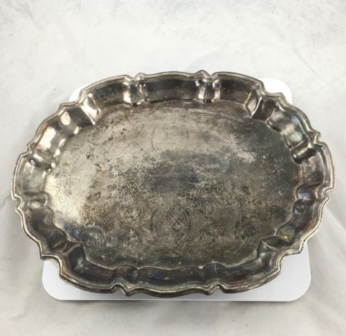 Vintage Leonard Silver Plate Footed Serving Tray Scallop Rim Etched Oval Platter