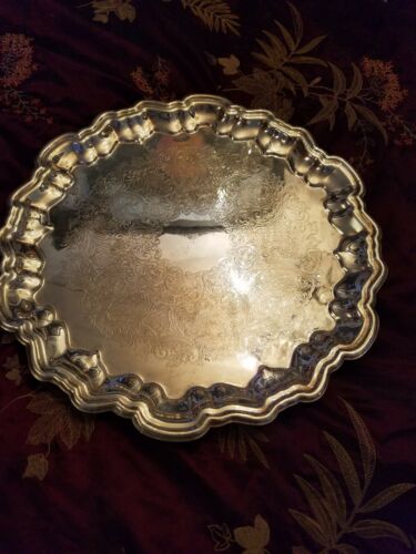 VINTAGE LEONARD SILVERPLATE FOOTED 15-1/2” ETCHED ROUND SERVING TRAY