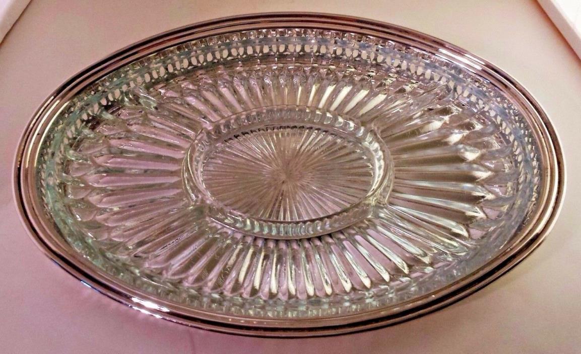 GODINGER SILVER PLATED GALLERY TRAY  w/5 PART CRYSTAL RELISH INSERT 14