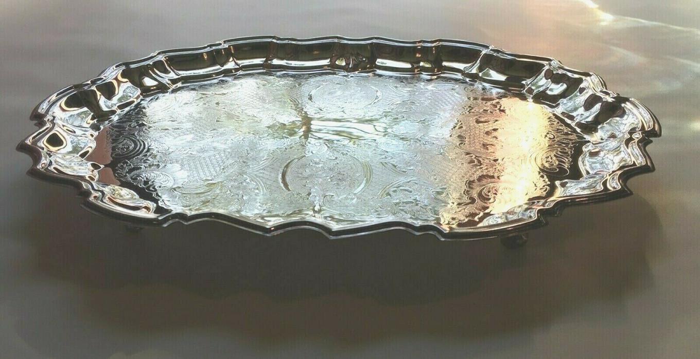 Vintage Eales Silver Plate Oval OrnateTray Serving Platter Scalloped Footed RARE