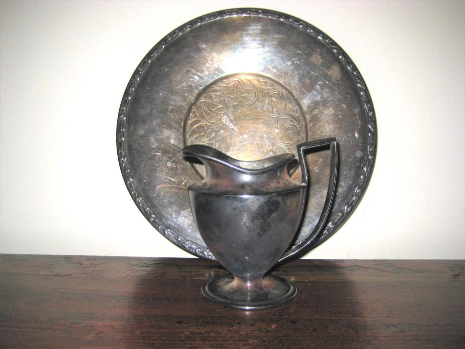 (2 Lot) VINTAGE HAND ENGRAVED SILVER-P SERVING PLATE & WM ROGERS DECO CREAMER