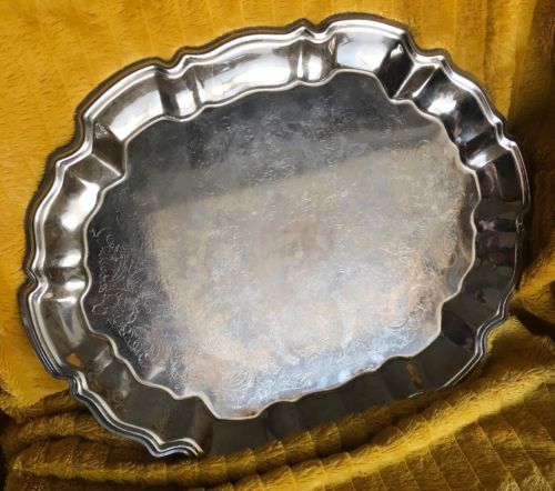 ***SILVER PLATE Etched SERVING Tray SCALLOP Edge. Vintage. Collectible.