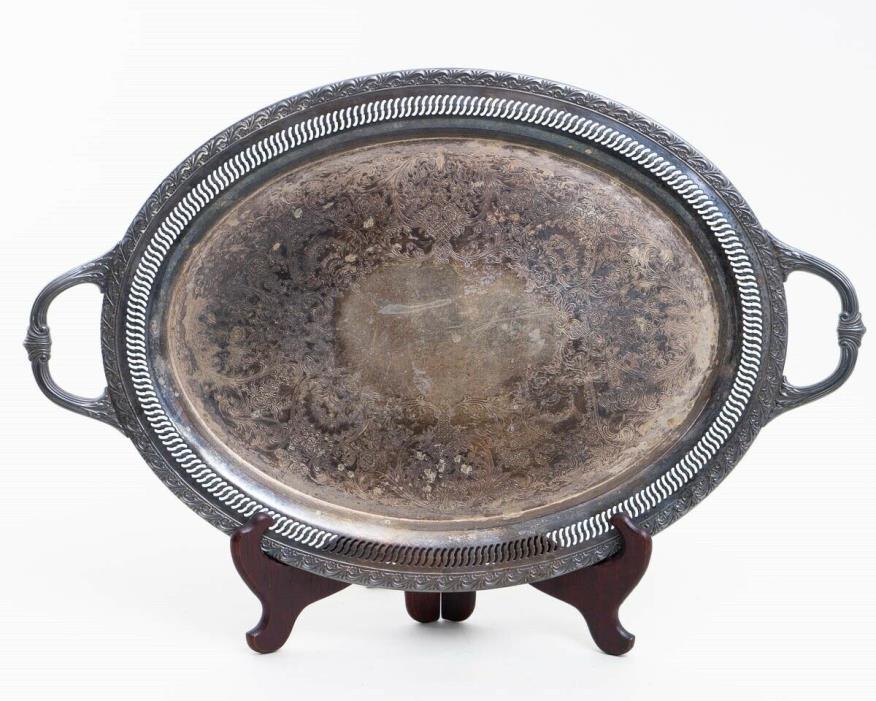 Antique WM Rogers Silverplate Large Oval Serving Tray Platter Pierced Rim 24.5