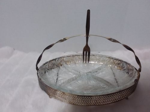 Vtg Clear Relish Tray W/ Silverplated Tray