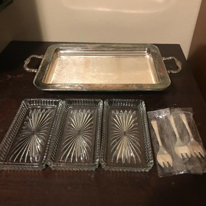 VTG Silver Plate Footed Serving Tray - Three glass inserts- forks by LEONARD~USA