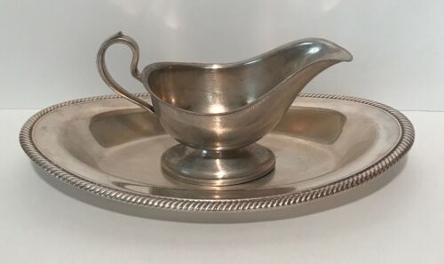 Antique Silver Plated Gravy Pouring Boat Bowl & Serving Dish Tray