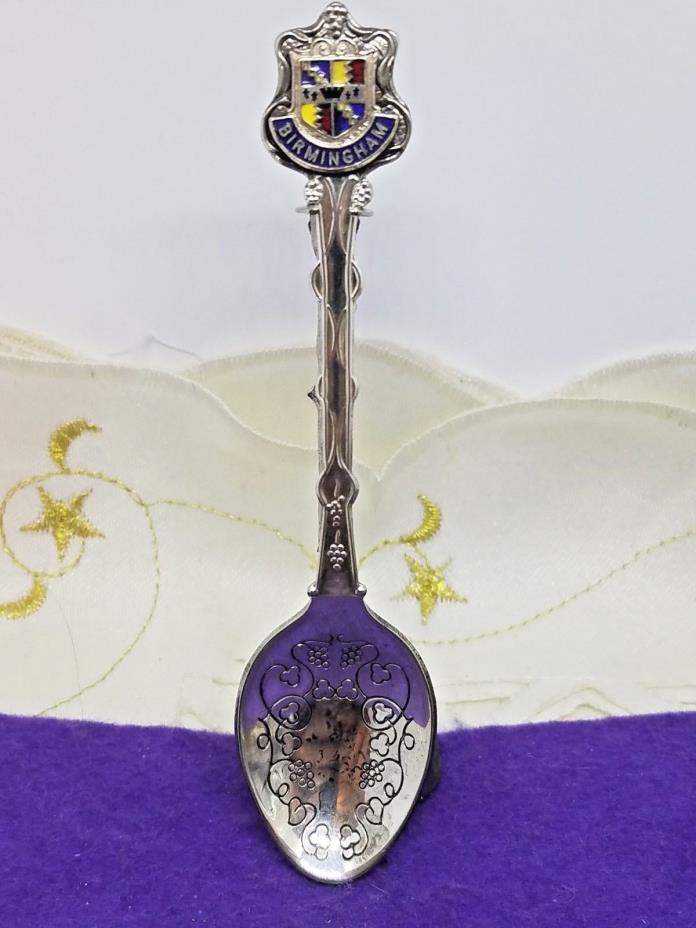 VINTAGE BIRMINGHAM ENAMEL CREST TOP SOUVENIR SPOON GT BRITAIN SILVER PLATE