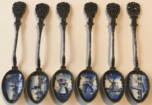 Set of 6 Vintage KLEPA ARTS CZECH Souvenir Spoons Blue & White Enamel Spoons