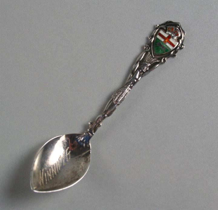 Enamel Decorated Shield & etched Sterling Silver Souvenir Spoon Winnipeg Canada