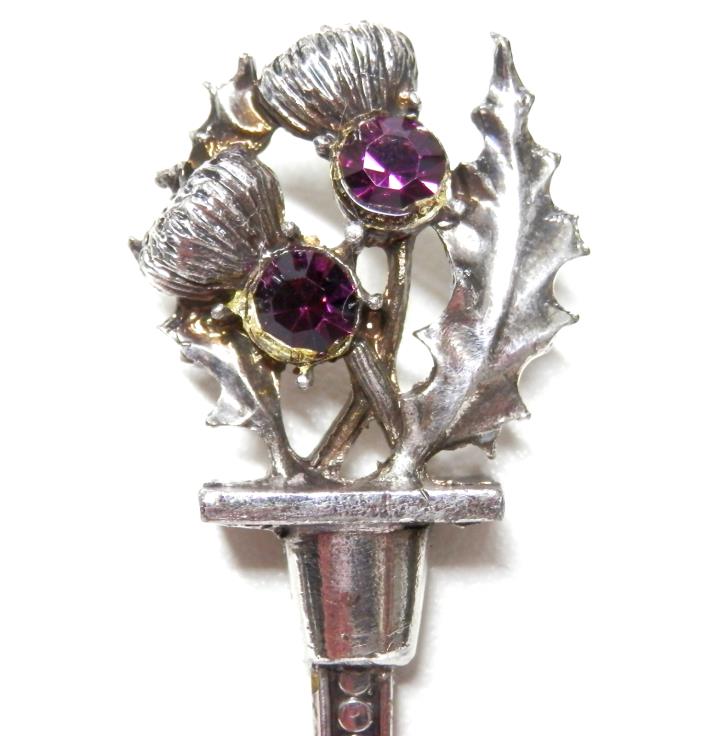 Vintage Scotland Souvenir Spoon Tradition Amethyst Rhinestone Thistles Top 4.5