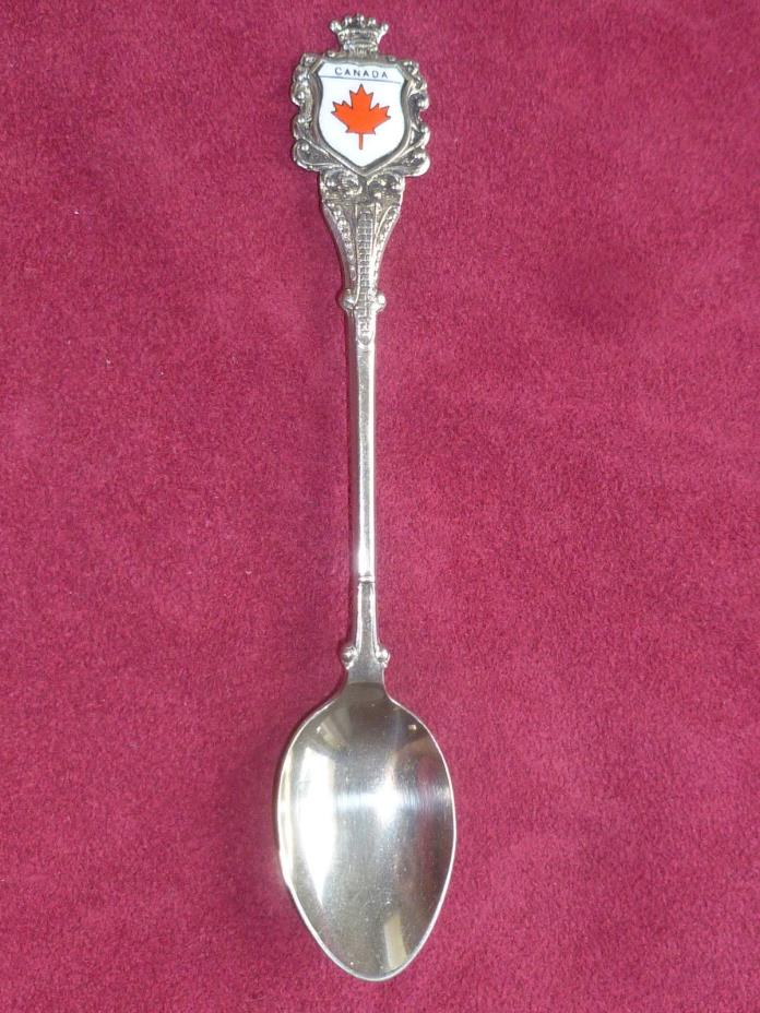 Canada with Crown Souvenir Spoon Maple Leaf, Red White Enamel, Silver Plated