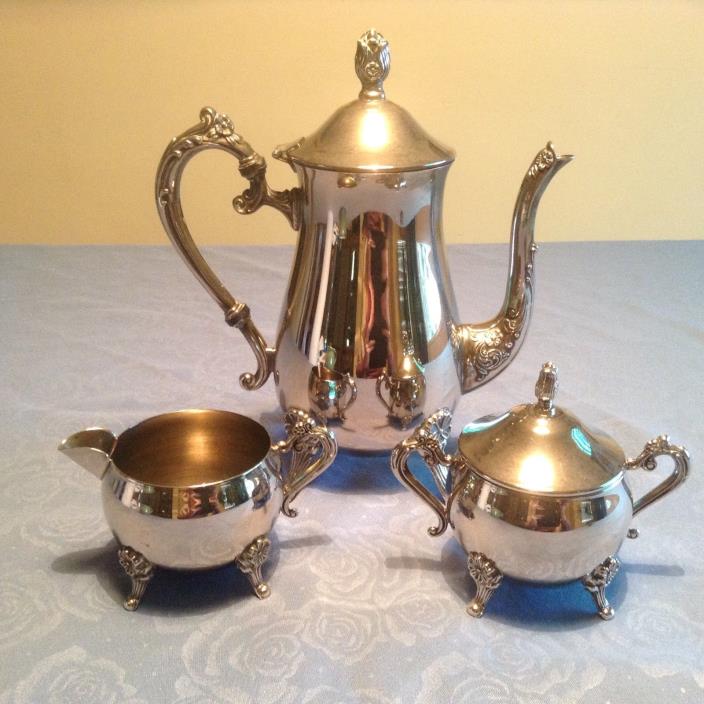 VTG HBC Silver Plated Tea Set Flowers Ornate Designs Teapot Cream Sugar EP Brass