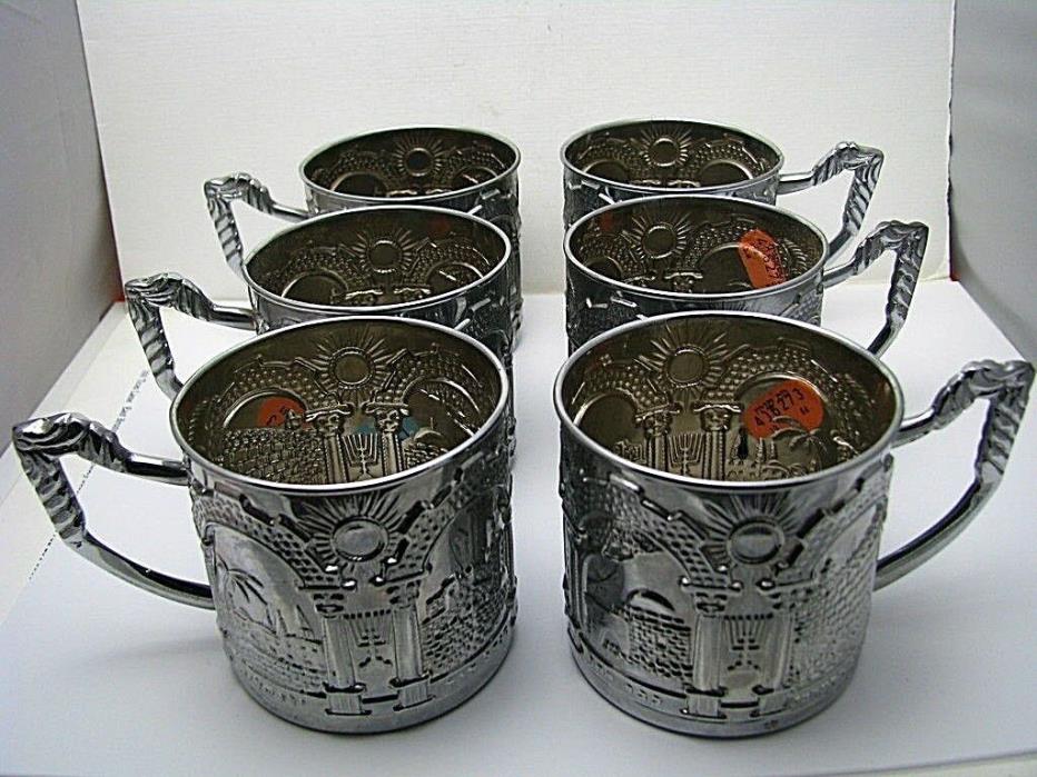SET of 6 SILVER PLATED TEA-GLASS HOLDERS Middle East Israel c1960s Judaica Excel