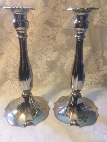 Vtg Silver On Copper Makers Mark Is Unicorn    9 7/8” Tall Pair Of Candlesticks
