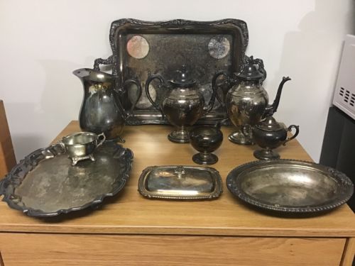 Lot Of 12 Antique Tea Set Platter Silverplate (WM Rogers,Eales,MFG Corp,Unknown)