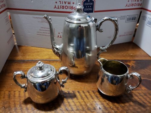VTG WM ROGERS SILVERPLATE SILVER 101 COFFEE TEAPOT SUGAR 103 CREAMER 104 SET 3