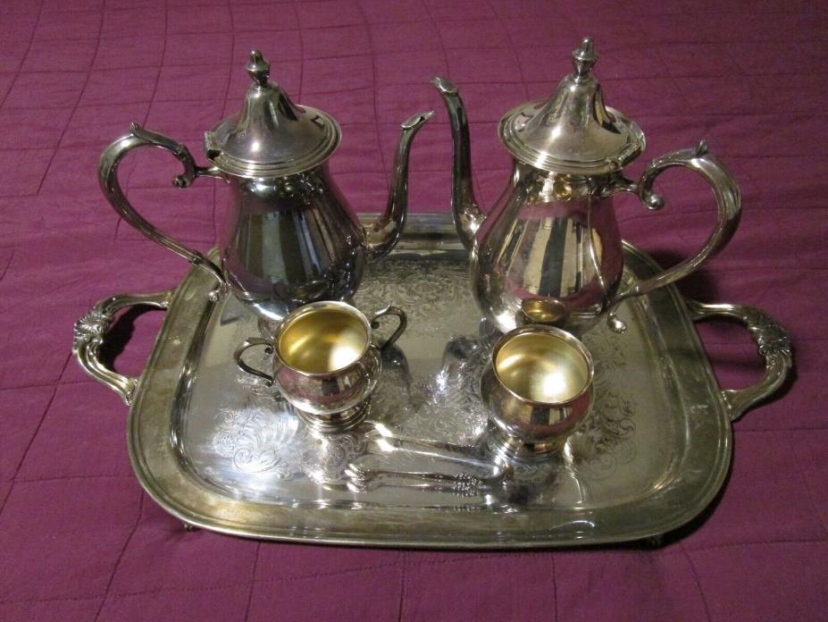 F.B. Rogers Silver Co 5 Piece Coffee Tea Serving Set Tray 2 Coffee Tea Pots Urns