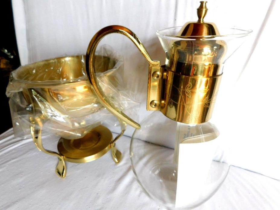 VINTAGE BRASS AND GLASS COFFEE /TEA CARAFE WITH WARMER in Original Box