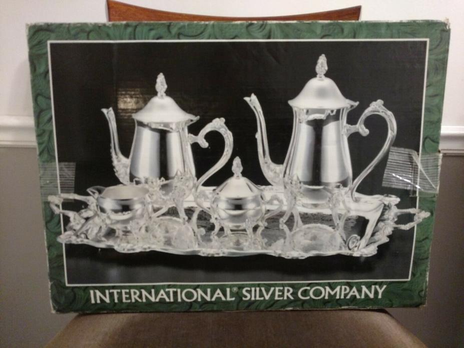 International Silver Company Coffee/Tea Set 5 Pc Pots Sugar Creamer Tray w/ Lids