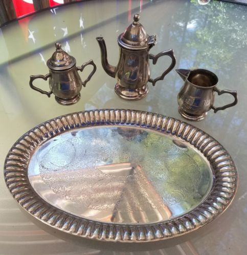 Godinger Silver Art Co. Dirty Tarnished 5 piece Mini Silver Plated Tea Set Tray