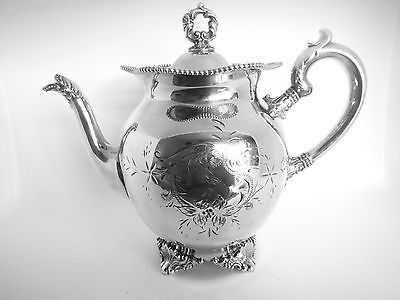 Antique Victorian Tea/Coffee Pots Silver Plate Engraved Flower Four Base Pretty