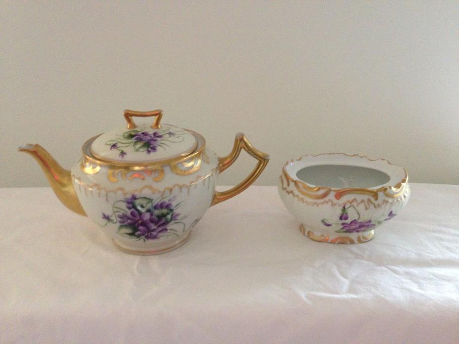 Vintage Limoges Teapot and Sugar Bowl, Gilt with Handpainted Violets