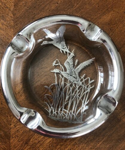 Clear Glass Silver Overlay Ashtray