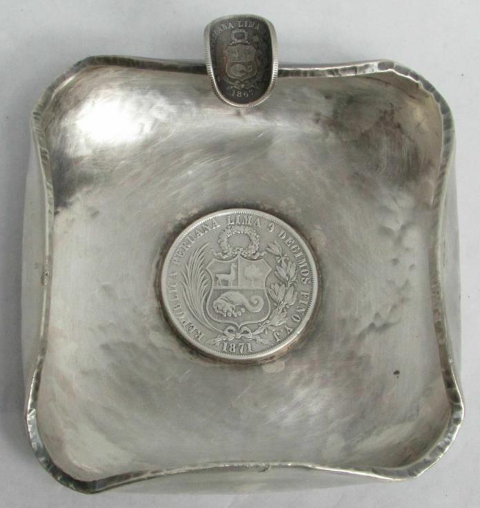 1871 & 1867 PERUVIAN COIN HAND MADE HEAVY STERLING SILVER ASH TRAY