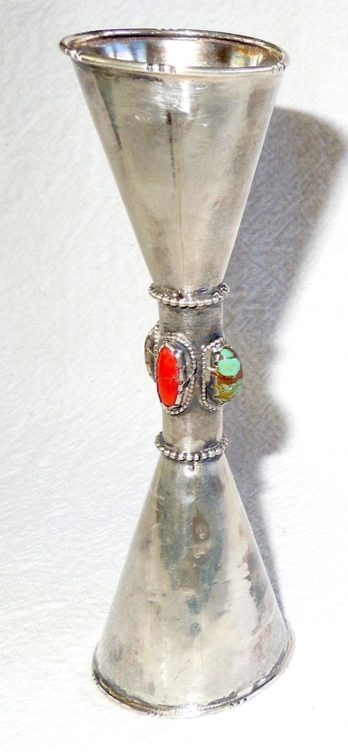 Silver 2-CORAL & 2-TURQUOISE DOUBLE SHOT GLASS Old Southwestern Native  American