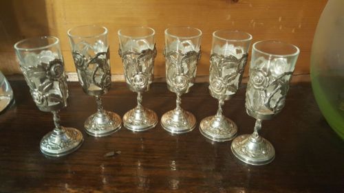 Sterling Silver Rose Glass Stemmed Cordial Shot Cups  Set of 6  Marked