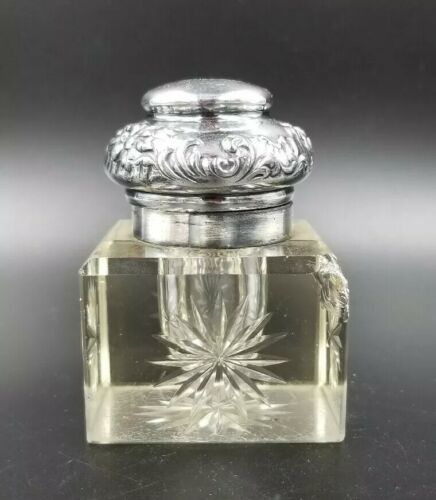 Antique Victorian Silver Crystal Glass Ink Inkwell Repousse Lid c.1900   19