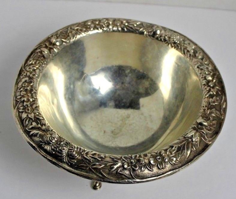 S Kirk & Son sterling silver 3 footed bowl decorative floral rim .925 216 grams