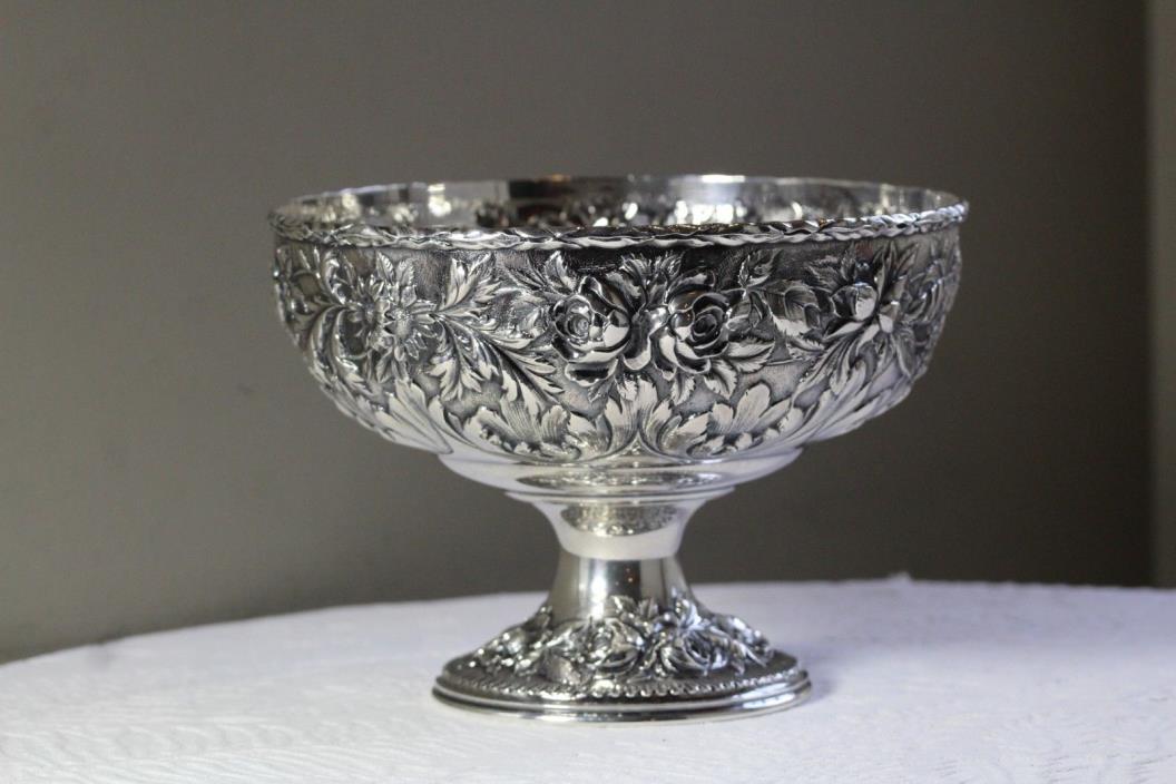 Antique Early 20thC S. Kirk & Son Roses Repousse Sterling Silver Footed Bowl