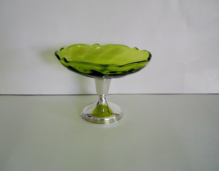 VINTAGE STERLING SILVER & GREEN GLASS CANDY DISH  