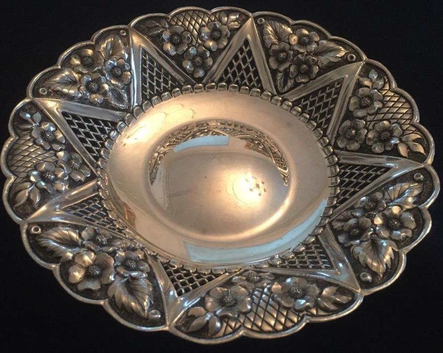 Antique Sterling Silver footed bowl with Flower Pattern