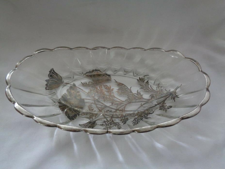 Vintage Candy Dish Sterling Silver overlay  floral design Clear Glass Oval