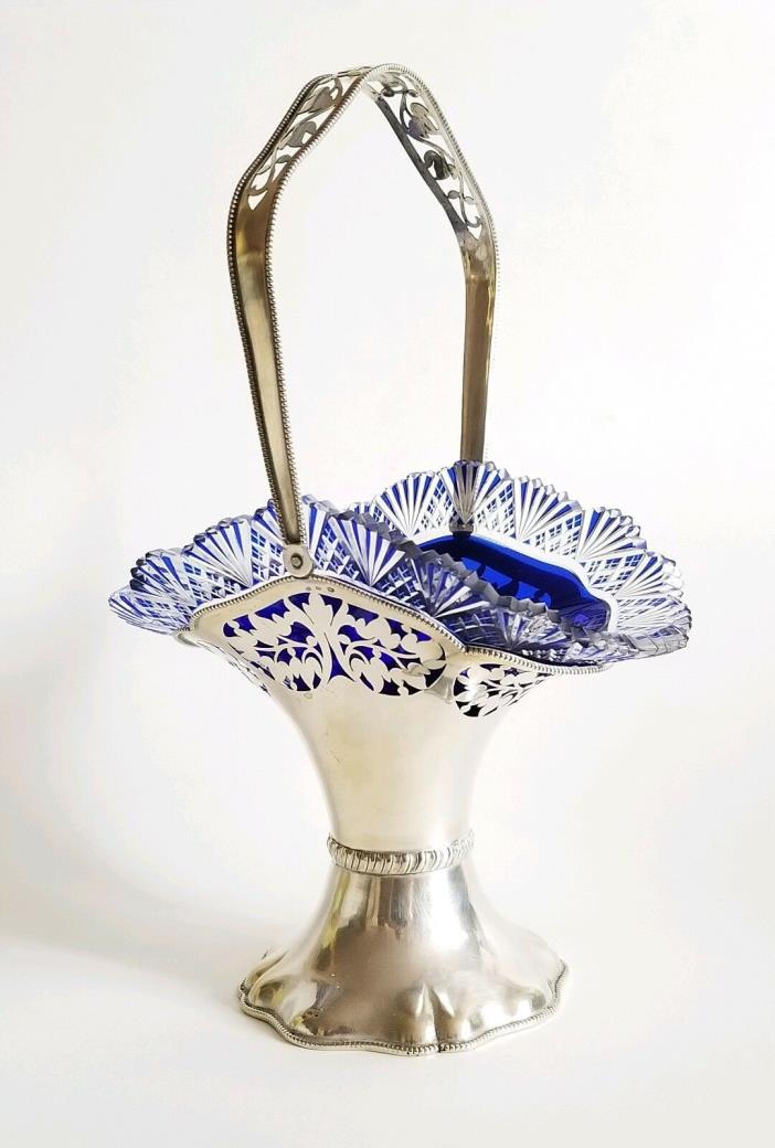 Antique Continental Silver Basket With Bohemian Cut Cobalt Blue Glass Crystal