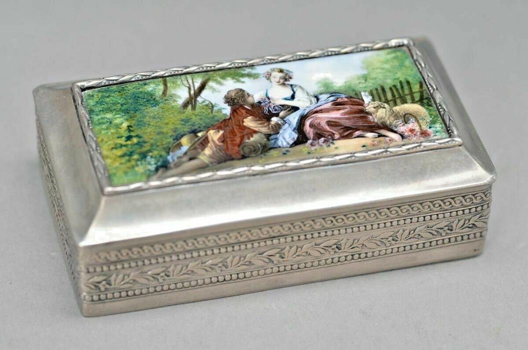 Amazing Antique Silver Box with Enamel Picture German 1900s