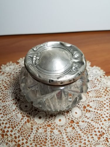 Vintage Art Deco Sterling Silver Poppy Top Cut Glass Powder Jar